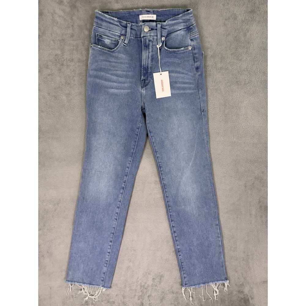 New Good American Jeans Womens 2/26 Blue High Rise Good Straight Split Pockets
